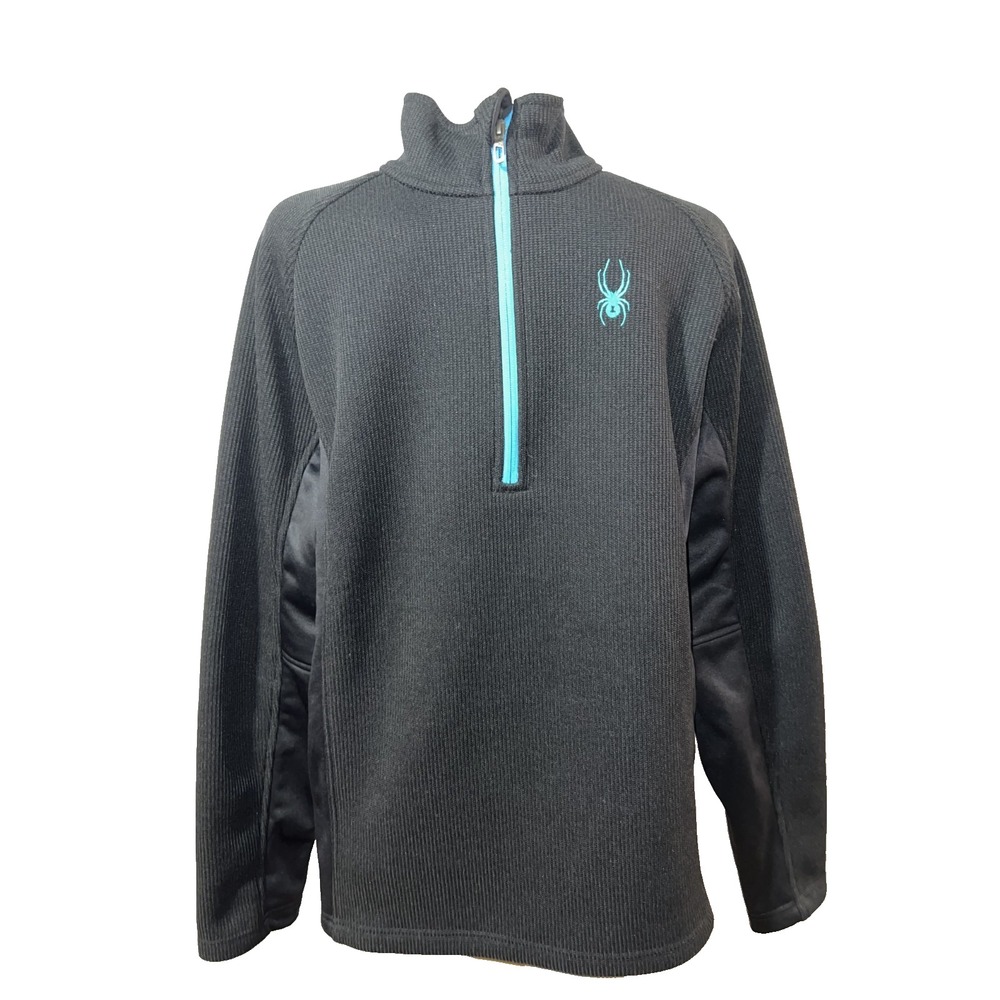 Spyder Mens Quarter Zip Pullover Black Turquoise Fleece Sweater Large Logo